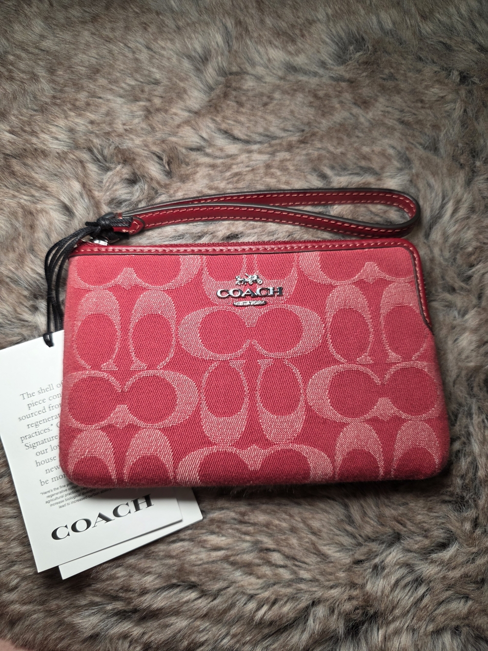 Coach Red Signature Denim Wristlet with Silver Logo